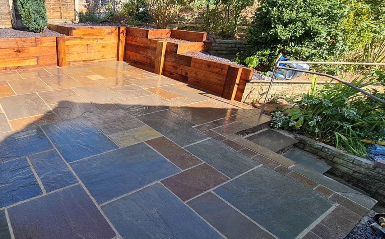 this image shows stamped patio in Brentwood, California